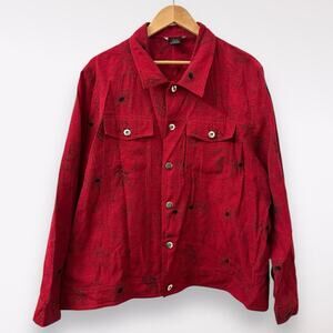 Silk Land 2X Red Top Plus Whimsygoth Floral Grandma Funky Embroidered Vamp Retro